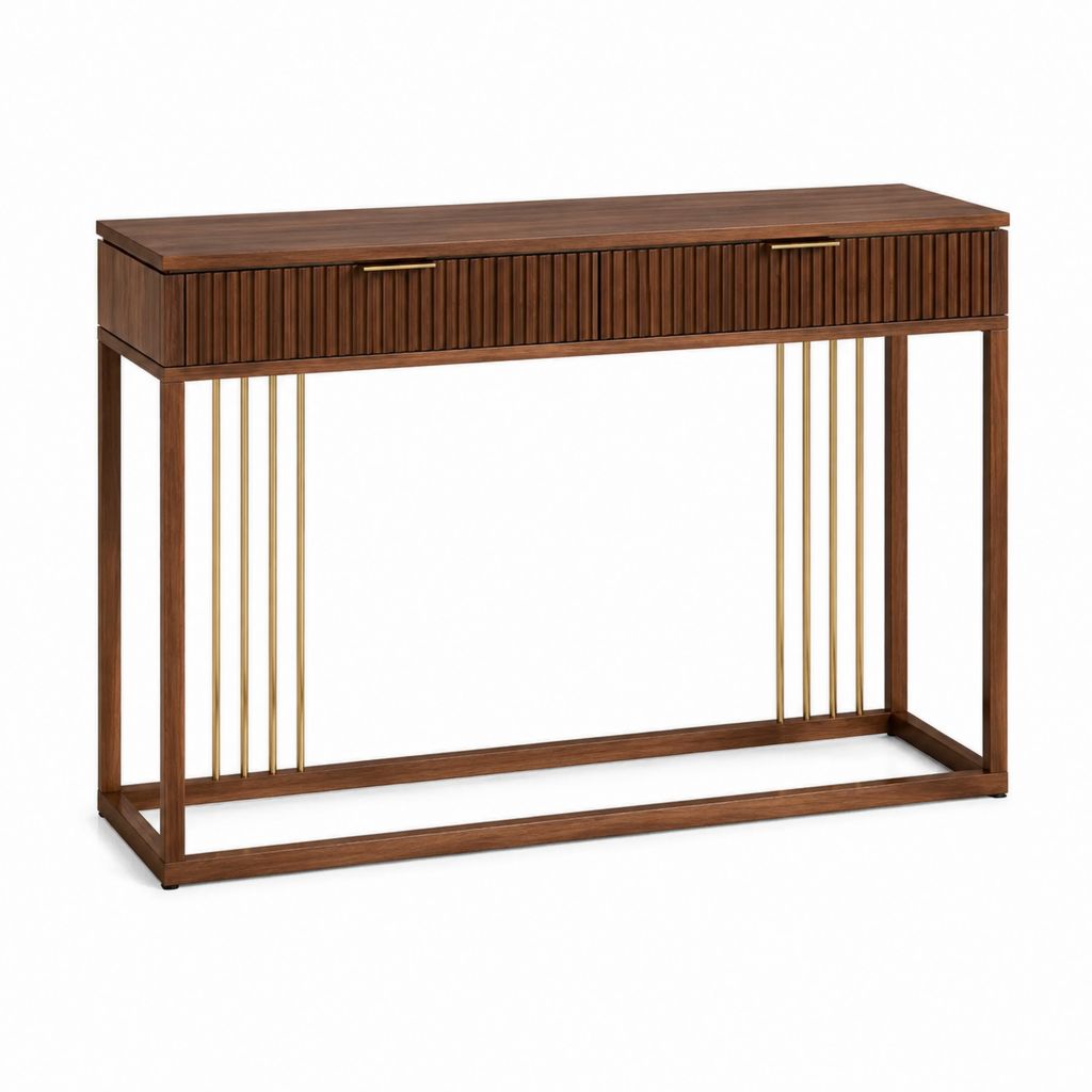Console d'entrée rectangulaire avec 2 tiroirs marron noyer et doré en MDF plaqué noyer 120 x 35 x 80 cm