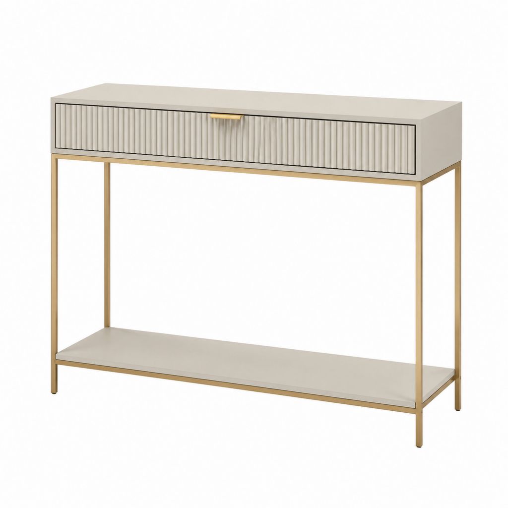 Console d'entrée avec tiroir et étagère ivoire doré en MDF et acier 100 x 35 x 80 cm