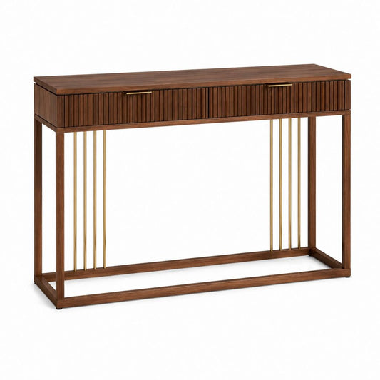Console d'entrée rectangulaire avec 2 tiroirs marron noyer et doré en MDF plaqué noyer 120 x 35 x 80 cm