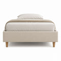 Cadre de lit double beige en polyester avec pieds en bois massif 160 x 200 cm