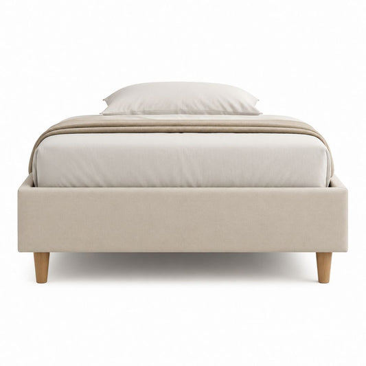 Cadre de lit double beige en polyester avec pieds en bois massif 160 x 200 cm