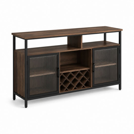 Buffet de cuisine avec casier à bouteilles brun foncé et noir en panneaux MDF acier et verre strié 140 x 40 x 90 cm