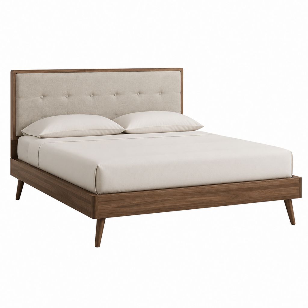 Cadre de lit double 160 x 200 cm noyer et polyester beige avec tête de lit capitonnée
