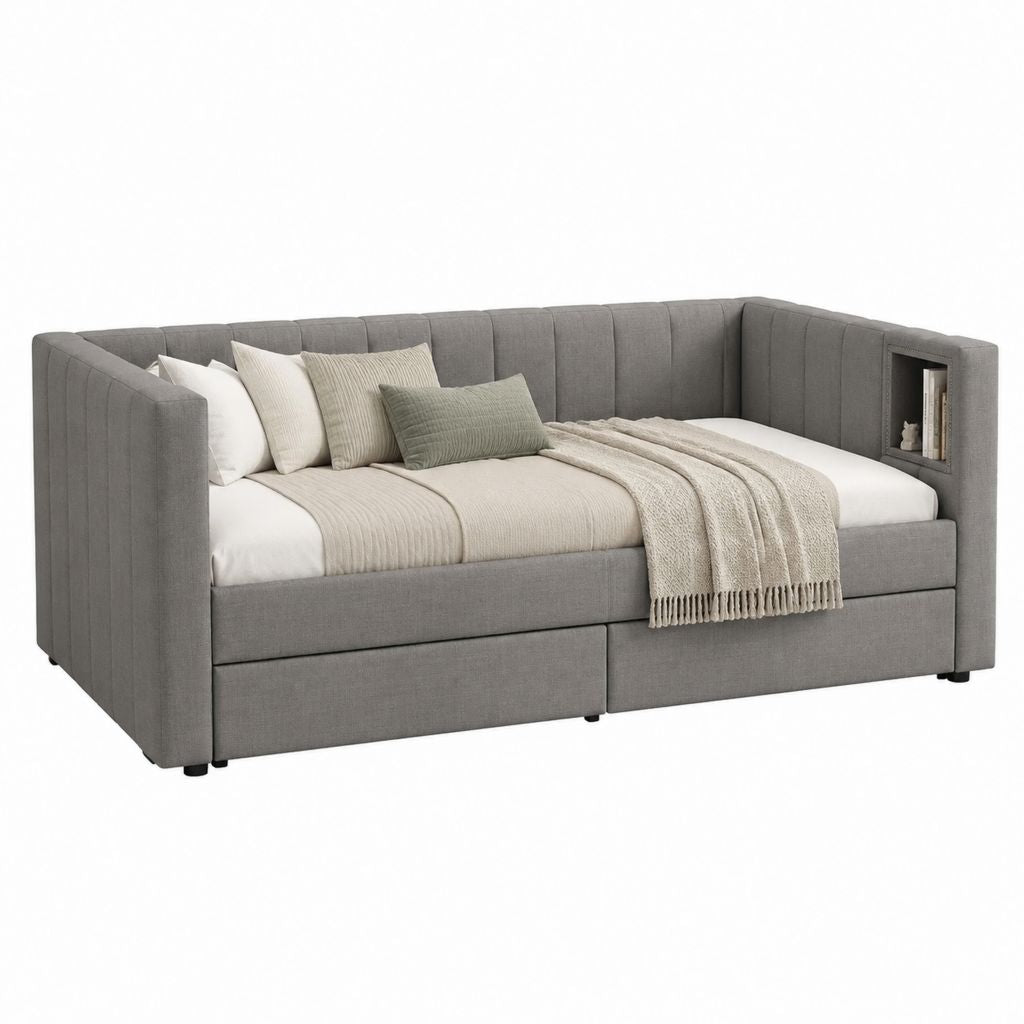 Lit banquette 1 place gris en polyester avec 2 tiroirs et niche latérale 90 x 190 cm