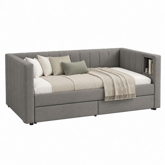 Lit banquette 1 place gris en polyester avec 2 tiroirs et niche latérale 90 x 190 cm