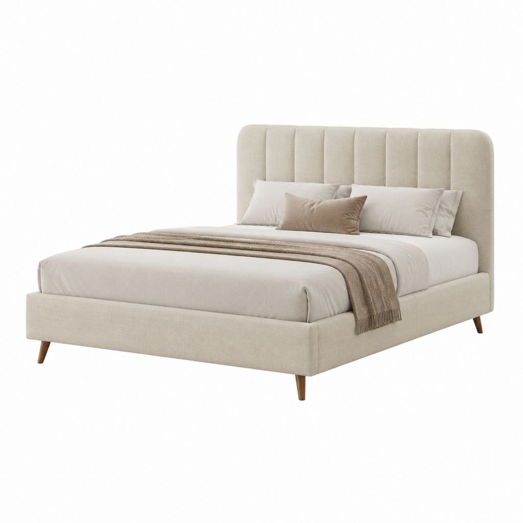 Lit double 160 x 200 cm beige en polyester avec tête de lit capitonnée