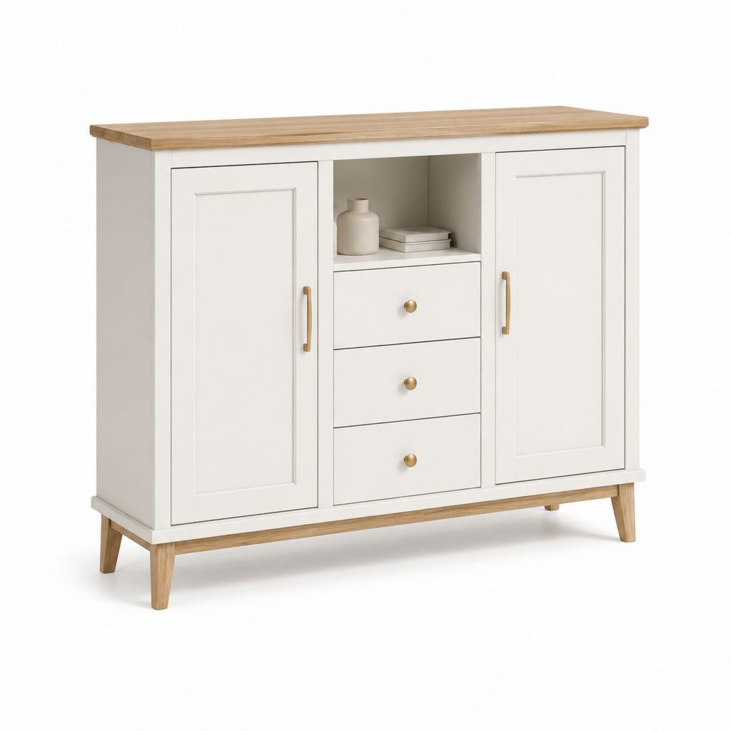 Buffet de cuisine blanc et chêne clair en MDF et bois d'hévéa rectangulaire 120 x 40 x 90 cm