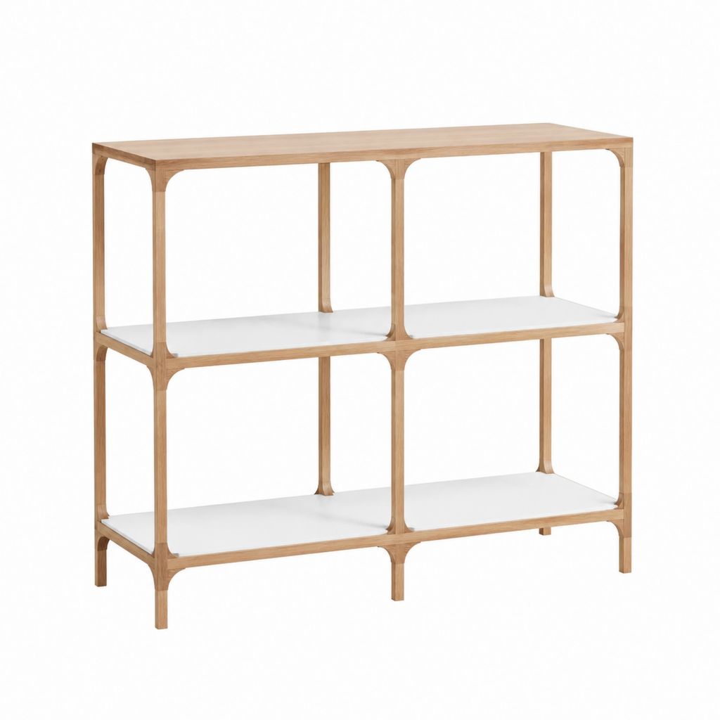 Console étagère de rangement rectangulaire 6 niches en bambou massif naturel et MDF blanc 120 x 35 x 100 cm
