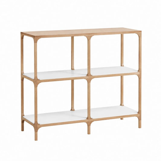 Console étagère de rangement rectangulaire 6 niches en bambou massif naturel et MDF blanc 120 x 35 x 100 cm