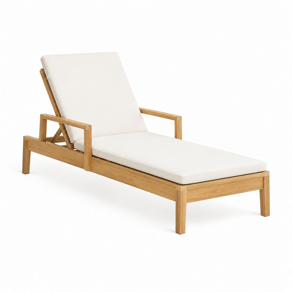 Bain de soleil réglable en teck massif avec coussin blanc 200 x 70 x 35 cm