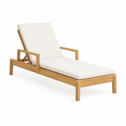 Bain de soleil réglable en teck massif avec coussin blanc 200 x 70 x 35 cm