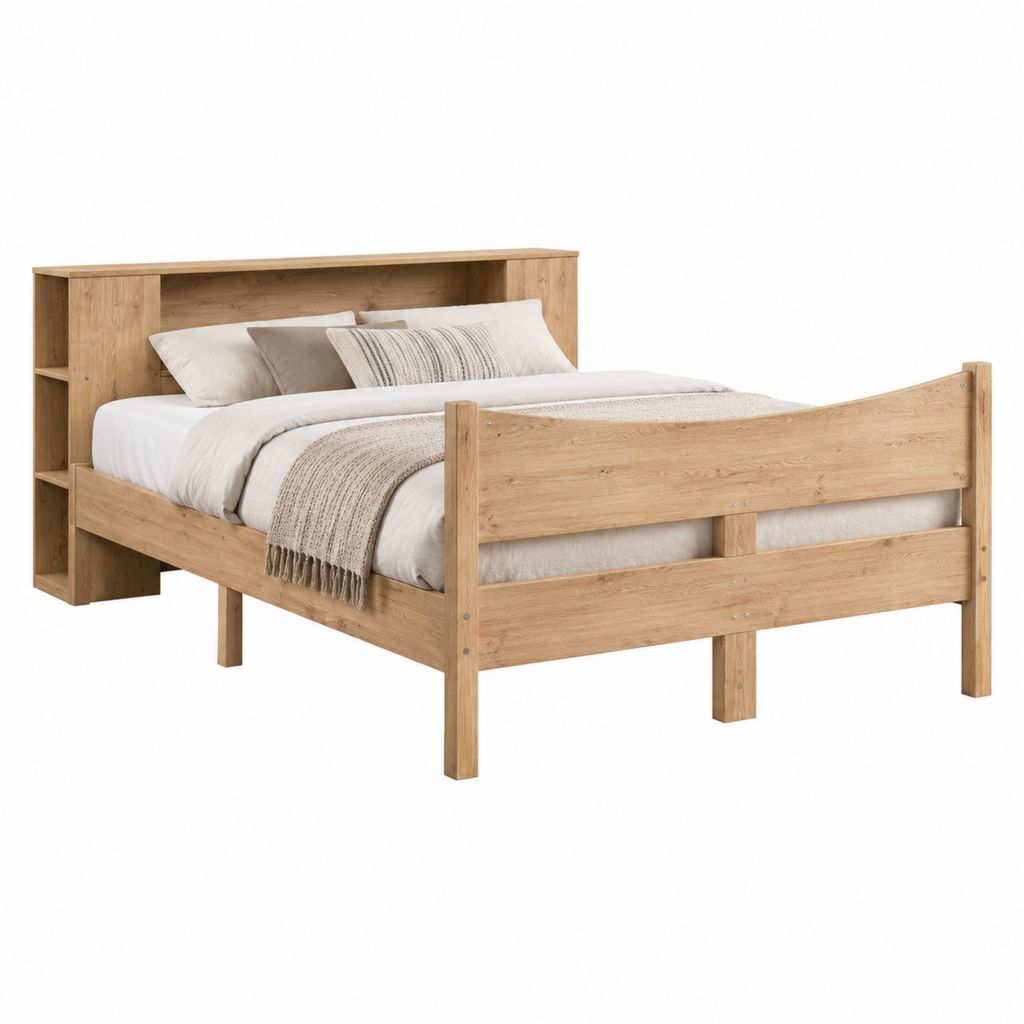 Lit double cadre de lit chêne naturel en pin massif rectangulaire avec rangement 160 x 200 cm
