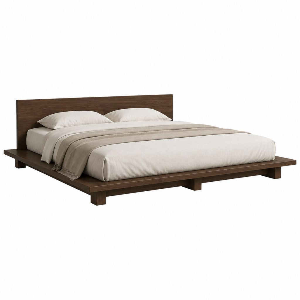 Lit plateforme 160 x 200 cm marron foncé en MDF finition noyer avec tête de lit rectangulaire