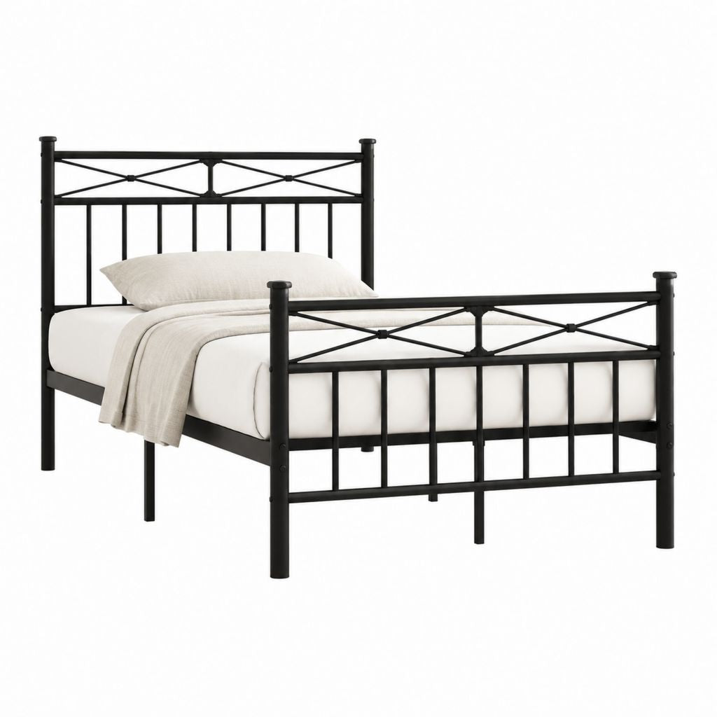 Cadre de lit double 140 x 190 cm noir en acier avec tête et pied de lit